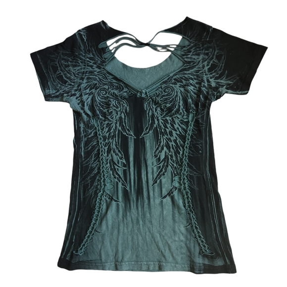 Affliction Briessa baby tee green braided cut out beaded size large - Picture 2 of 11